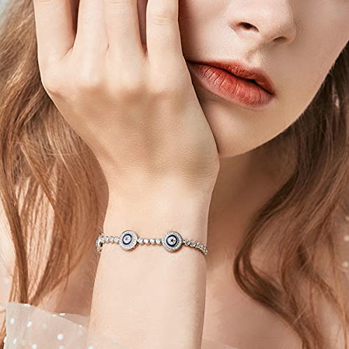 BISAER 925 Sterling Silver Blue Evil Eye Bracelet with Cubic Zirconia Hamsa Adjustable Chain Bracelets for Women2