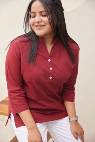 Image of SAADAA Women Short Kurti Airy Linen Regular Fit Kurta with 3 /4th Sleeves, Mandarin Collar, Side Slit Perfect for Casual, Formal, and Ethnic Wear