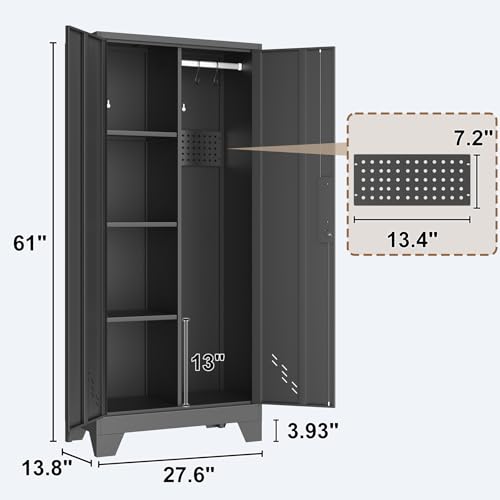 Image of 61 inch H Garage Cabinets, Metal Storage Cabinet with Lockable Doors and Pegboard, Utility Closet for Brooms and Mops, Tool Cabinets for Home Office Laundry Room Living Room