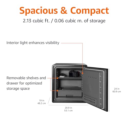 Image of Amazon Basics Fireproof and Waterproof Safe Box with Digital Keypad Electronic Lock, Fire Resistant, Interior Lighting, Removable Shelf, for Home Use, 2.13 Cubic Feet, 24 inchH x 20.87 inchW x 19 inchD, Black