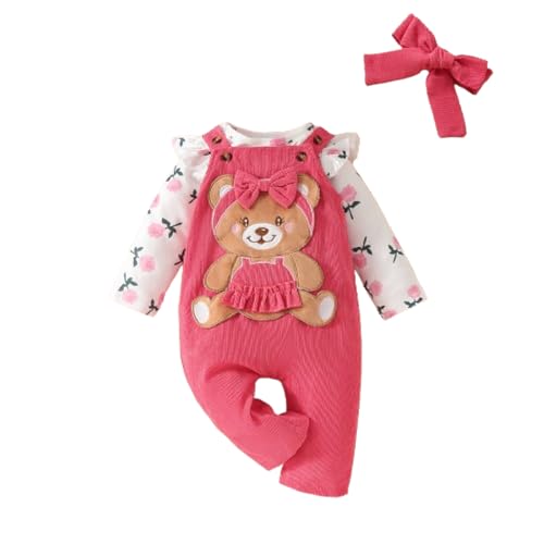 Eqenkely 3 Piezas Conjuntos de Tops Manga Larga con Algodón y Oso Mono Pantalones para Bebé Niña Trajes Rosa Flores Top+Rosa Pantalones 0-3 Meses