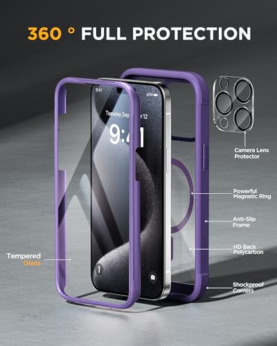 Image of Miracase Magnetic for iPhone 12 Pro Max Case [Compatible with MagSafe] Full-Body Phone case with Built-in Glass Screen Protector& Camera Protector, Military Drop Proof 12 Pro Max Cover, Purple