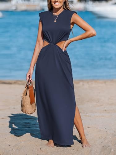 Image of CUPSHE Women's Summer Maxi Dresses Sleeveless Cutout Side Slit Long Casual Dress with Padded Shoulders