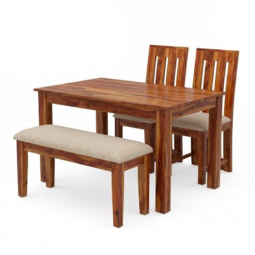 Image of SONA ART & CRAFTS Poster Sheesham Wood Dining Table Set 4 Seater Dinner Dinning Table with 2 Cushion Chair with 1 Bench for Dining Furniture for Living Room Home Hotel Office (Natural)