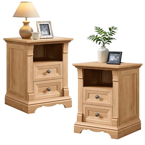 Image of Nightstand Set of 2, 18 inchSide Table with Charging Station, w /Roman Column