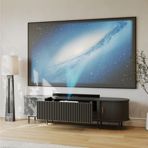 POVISON Smart 86" Ultra Short Throw Projector Cabinet, Mid-Century Modern Electric TV Stand with Power Featuring Drawer, Linkage Memory Function, Ample Storage Space, and Pet Friendly, Black