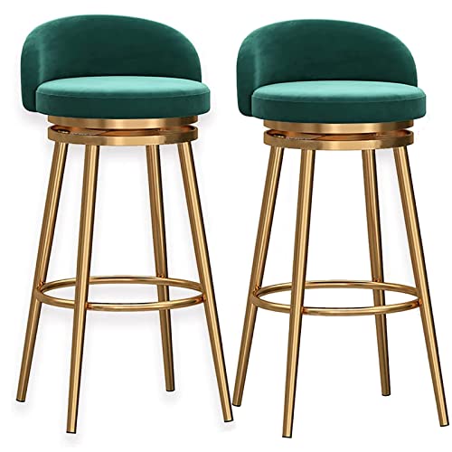 Juego de 2 taburetes de bar giratorios de terciopelo industrial vintage de 360° con respaldo bajo, sillas de comedor de isla de cocina de granja, acabado dorado, altura del asiento de 25.6 pulgadas