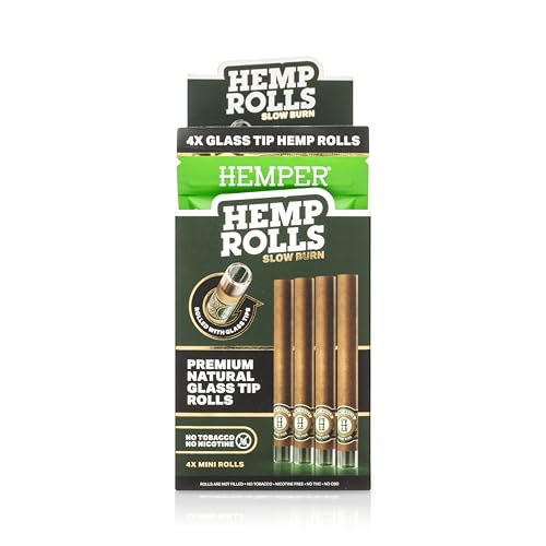 Hemper Pre-Rolled Mini Size Hemp Rolls with Reusable Glass Tips - 4PK | 12ct Display | Hand-Rolled, Natural Hemp Paper Rolls in Protective Case for Smooth, Clean Burn and Freshness - (Natural)
