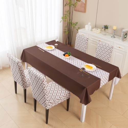 Image of HOMETHREADS Stretchable Elastic Jacquard Chair Seat Cover and Waterproof Dining Table Cover | Removable,Washable & Durable Chair Protector |for Dining Room (F Brown, 4Chairs+1Table Cover (150X180))