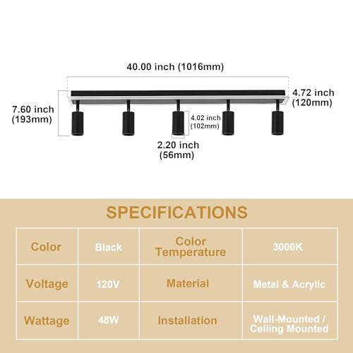 Image of TODOLUZ 5-Light LED Track Lighting Fixtures, Black Flexible Directional Ceiling Spot Light, Wall Mounted Bathroom Lights Fixture for Over Mirror Kitchen