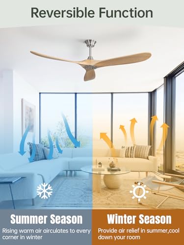 Image of Sofucor 60 Inch Wood Ceiling Fan No Light with Remote, Modern, 3 Blades
