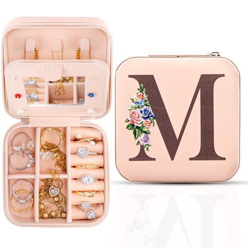 Meschett Travel Jewelry Box with Mirror, Personalized Initial Jewelry Case, Gift for Women and Girls