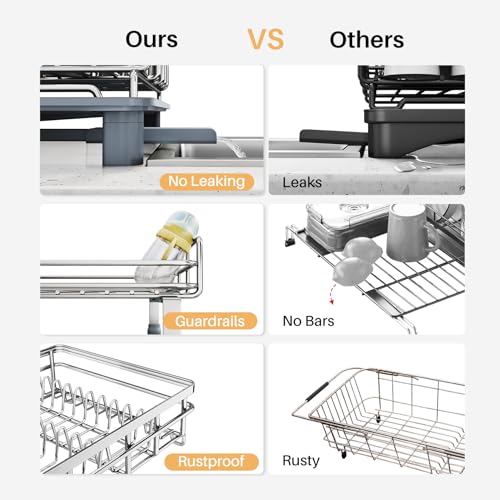Image of Expandable Dish Drying Rack for Kitchen Counter, Stainless Steel, Silver | Foldable Over Sink, Large Capacity, Adjust to Fit Most Sinks, Angled Drainboard, Removable Utensil Holder, Slip Resistant