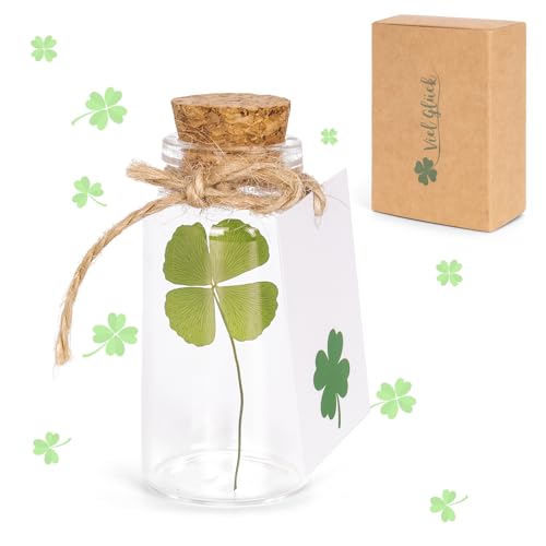 YYSWSAKY Amuleto de la suerte, Trébol de cuatro hojas auténtico en botella de vidrio con corcho, Regalos de agradecimiento, Amuleto para exámenes, Pequeño detalle para la buena suerte (green)
