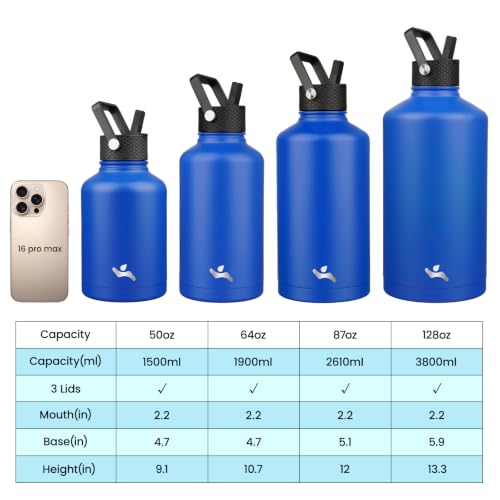 Image of Konokyo Insulated Water Bottle with Straw,50 oz 3 Lids Water Jug with Carrying Bag,Paracord Handle,Double Wall Vacuum Stainless Steel Metal Flask,Blue