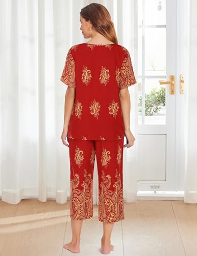 Image of Ekouaer Women's Two Piece Lounge Set Short Sleeve Shirt and Capri Pants Mumu Pajama with Pockets Loungewear Pjs Sets S-2XL