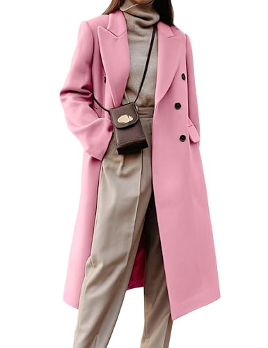 IDEALSANXUN Long Wool Coats for Women 2025 Fall Winter Double Breasted Trench Coats Tweed Blazer Dressy Jackets, Pink, L