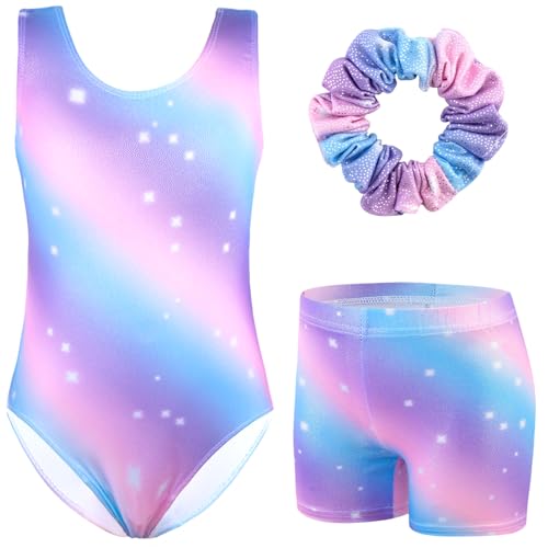 XiaoMoSha Girls 3 Piece Gymnastics Leotards Set with Shorts and Hairband Sleeveless Sparkly Dance Gymnastics Athletic Outfits for Ballet 5-6 Years PinkPurple