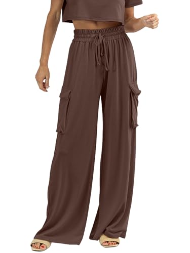 Womens Wide Leg Cargo Pants Flowy Casual Palazzo Pleated Trouser Woman Elastic High Waisted Loose Fit Lounge Pant 20252