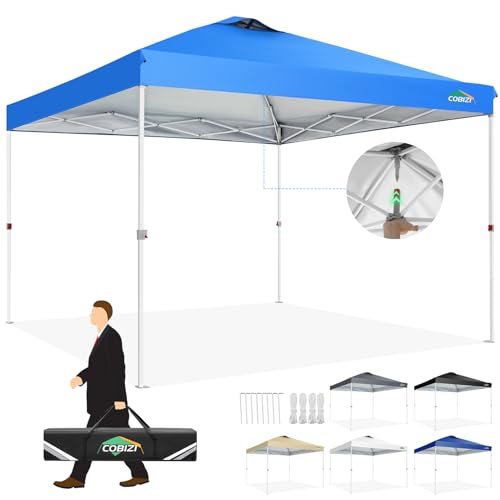 COBIZI Pavillon 3x3 Wasserdicht Stabil Faltpavillon Faltbar Partyzelt One Push Pop Up Gartenlauben mit Entlüftung UV Schutz 50+ Höhenverstellbar Gartenpavillon für Strand Hochzeit Camping, blau