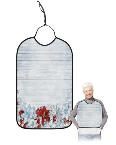 LEOKOTI Christmas Poinsettia Adult Bibs for Eating, Waterproof Bibs with Food Catcher & Snap Closure, Xmas Red Blue Botanical Snowflake Vintage Washable Clothing Protectors Adult Bibs for Elderly