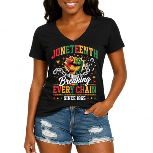 FITCOFF Juneteenth Shirts Men Juneteenth Breaking Every Chain Shirt Women Black History V-Neck Tshirt