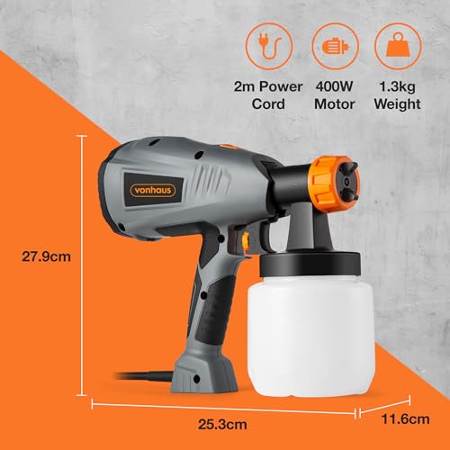 VonHaus Paint Sprayer 400W – Electric Spray Gun for Outdoor & Indoor Jobs Ideal for Decorating, Painting Fences, Walls, Ceilings, Floors & More – Lightweight, 800ml Paint Cup, Adjustable Spray Pattern