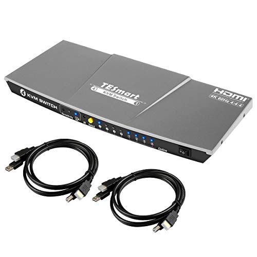 TESmart KVM Switch 4 Port HDMI | 4K 60Hz Ultra HD | Multimedia with Audio Output [Connect Multiple PCs, Laptops, Gaming Consoles to 1 Video Monitor, Keyboard & Mouse] Includes 2 Cables w/USB & Remote