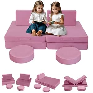 MeMoreCool 8-Piece Modular Kids Play Couch, Pink Convertible Foam Toddler Sofa Play Set for Playroom
