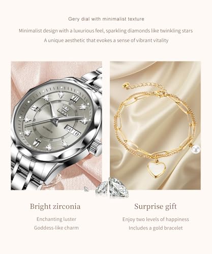 Image of OLEVS Women Watches Automatic Mechanical Set Casual Diamond Dress Ladies Self Winding Two Tone Wrist Watch Date