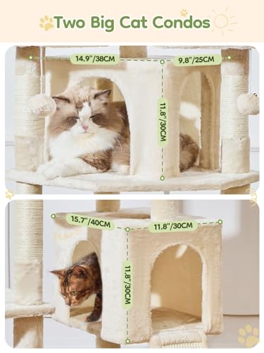 Image of Taoqimiao 76-Inch Cat Tree with Scratching Posts,XXL Cat Tower for Large Cats with Cat Scratching Board,Extra-Large Metal Hammock,3 Perches, 2 Big Condos, Hanging Basket, MS047M, Beige