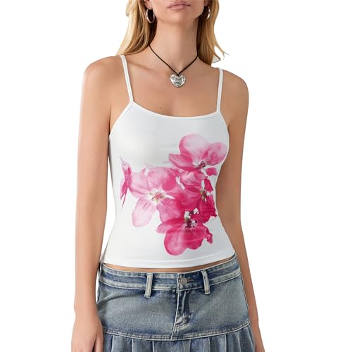 Damen-Tanktop mit Blumenmuster, Y2K, Spaghettiträger, rückenfrei, schmale...