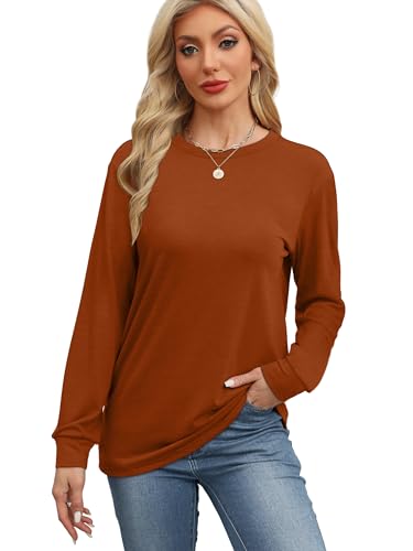 WIHOLL Womens Long Sleeve Shirts Loose Fits Fall Outfits Basic Casual Tunic Tops Crewneck Clothes3