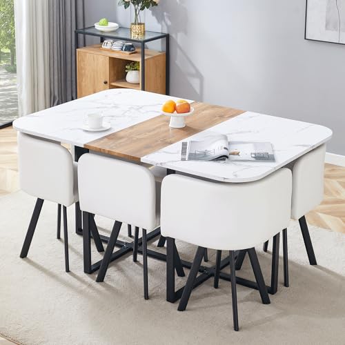 Eleganz Juego de mesa de comedor con mesa extensible y sillas plegables, juego de mesa de comedor para 4-6 personas con tablero de fibra de densidad media y estructura de metal que ahorra espacio