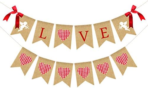 JOZON Love Burlap Banner and Pink Plaid Heart Burlap Banner Valentine's Day Bunting Banner Garland with Cupid Signs and Bows Valentines Day Party Decorations for Wedding Anniversary Mother‘s Day