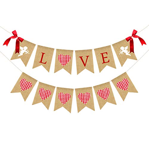 Jozon Love Burlap Banner And Pink Plaid Heart Burlap Banner Valentine's Day Bunting Banner Garland With Cupid Signs And Bows Valentines Day Party Decorations For Wedding Anniversary Mother‘s Day #TOP2