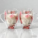 Lxoraziy Juego de 2 Vasos de Café de Doble Pared 350 ml, Vidrio de Borosilicato con Flores Secas Decorativas, Tazas Aislantes para Espresso Latte y Té(Serie Rosa)