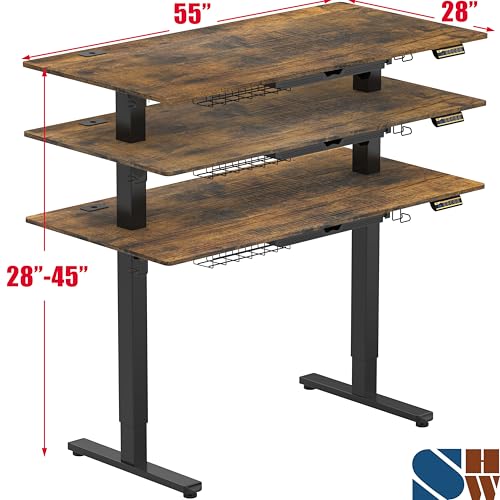 Image of SHW 55 x 28 Inches Electric Height Adjustable Standing Desk with Drawer and Memory Preset, Rustic Brown