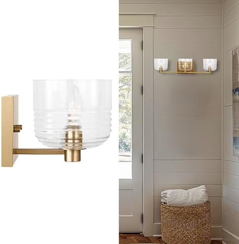 Scott Living 3-Light Lochdale Modern Wall Sconce in Satin Brass Finish with Clear Ribbed Shade DJV1113SB, Stylish Wall Light Enhances Bedroom and Bathroom Wall Decor with Elegant Vanity Lighting