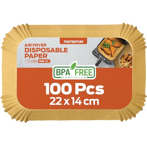 PORTENTUM Papier cuisson air fryer - 100 pièces Food-Grade BPA gratuit, 22×14 cm rectangulaire, compatible friteuses doubles type Ninja Foodi Dual Zone