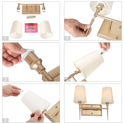 Image of KSANA Gold Bathroom Vanity Light Fixtures, 2-Light Modern Vanity Lights for Bathroom with White Fabric Shade, Bathroom Lights Over Mirror