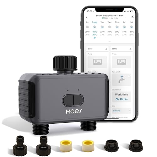 MOES Smart Watering Timer Kit, 2 Independent Outlet, Automatic Watering Schedules for Garden and Balcony, Timer and Remote Control, Compatible with Alexa Google Home - No Gateway