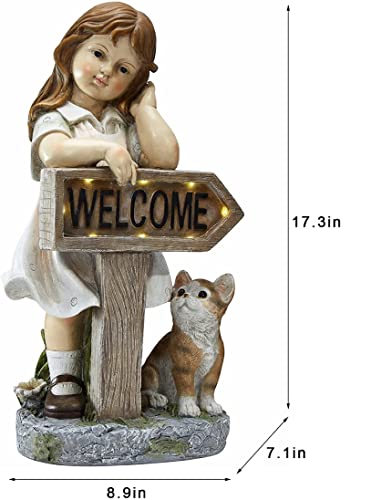 Floryden Girl Garden Statue With Solar Led Lights, Solar Girl Welcome Sign With Cat Garden Statue For Outdoor Decor, Porch, Patio, Yard Art Decorations, Polyresin 17.3 Inch #TOP6