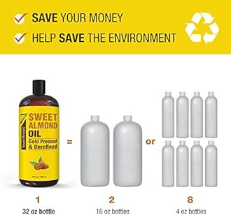 Seven Minerals, Pure Cold Pressed Sweet Almond Oil - Big 32 fl oz Bottle - Unrefined &100% Natural - For Skin & Hair, with No Added Ingredients - Perfect Carrier Oil for Essential Oils