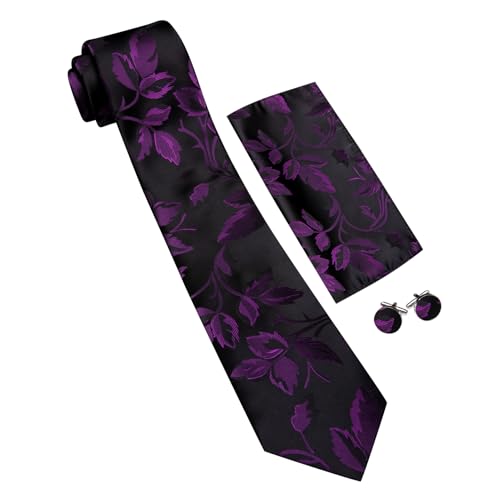 Image of Barry.Wang Flower Ties for Men Silk Woven Floral Tie Sets Necktie Handkerchief Cufflinks Wedding Party