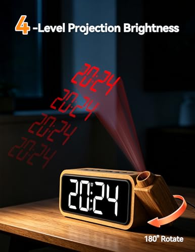 Netzu Wooden Projection Alarm Clock, Loud Digital Plug-in Clock with 180° Rotatable Projector, 5 Volumes, 12 Ringtones, Snooze for Bedroom Ceiling Wood Decor - Image 3