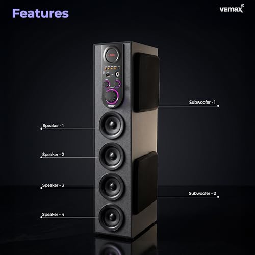 Image of VEmax Mauve 6.1 Channel Bluetooth Double Woofer 110W Tower Speaker with Karoake MIC Support, USB, FM (BIS Certified)
