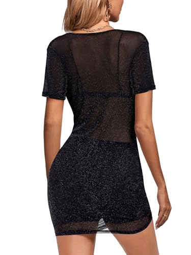 KIFOVEN Women's Sheer Mesh Glitter Dress Short Sleeve with Under Skirt 2 Pcs Outfits Without Bra2