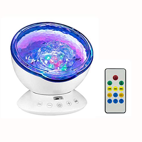 Testudo Remote Control Ocean Wave Projector 12 LED &7 Colors Night Light with Built-in Mini Music Player，Star Projector for Baby Kids Adults Living Room and Bedroom (White)