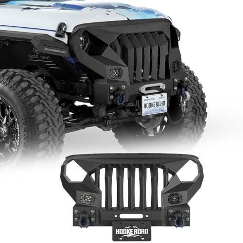 Image of Hooke Road Mad Max Front Bumper Grill w / 2x 18W LED Lights for 2018-2025 Jeep Wrangler JL & Gladiator JT